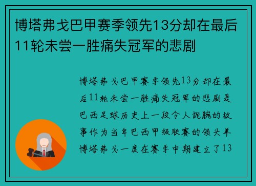 博塔弗戈巴甲赛季领先13分却在最后11轮未尝一胜痛失冠军的悲剧 博塔弗戈巴甲赛季领先13分却在最后11轮未尝一胜痛失冠军的悲剧